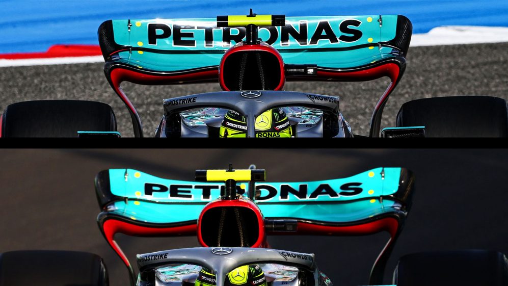 F1, confronto alare della Mercedes W13: in alto il design usato in Bahrain, in basso quello adoperato a Jeddah ed a Melbourn