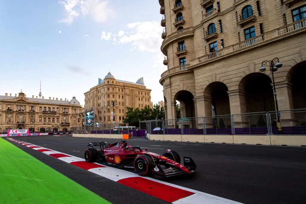 F1, il monegasco Charles Leclerc (Scuderia Ferrari) in azione durante il Gran Premio dell'Azerbaijan edizione 2022